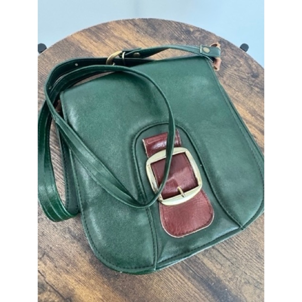 Vintage Eliza Green Leather Buckle Crossbody Bag Adjustable Retro Textured